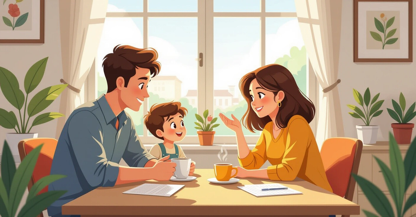 Mẹ nước ngoài một mình chăm con trong căn hộ Nhật Bản, ánh đèn ấm áp, phong cách minh họa vector hiện đại