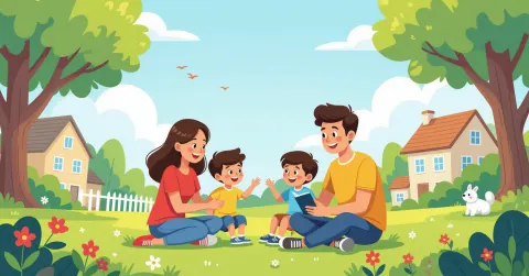 Cha mẹ người nước ngoài sử dụng điện thoại thông minh cùng con trong phòng khách hiện đại tại Nhật Bản, phong cách minh họa editorial flat vector