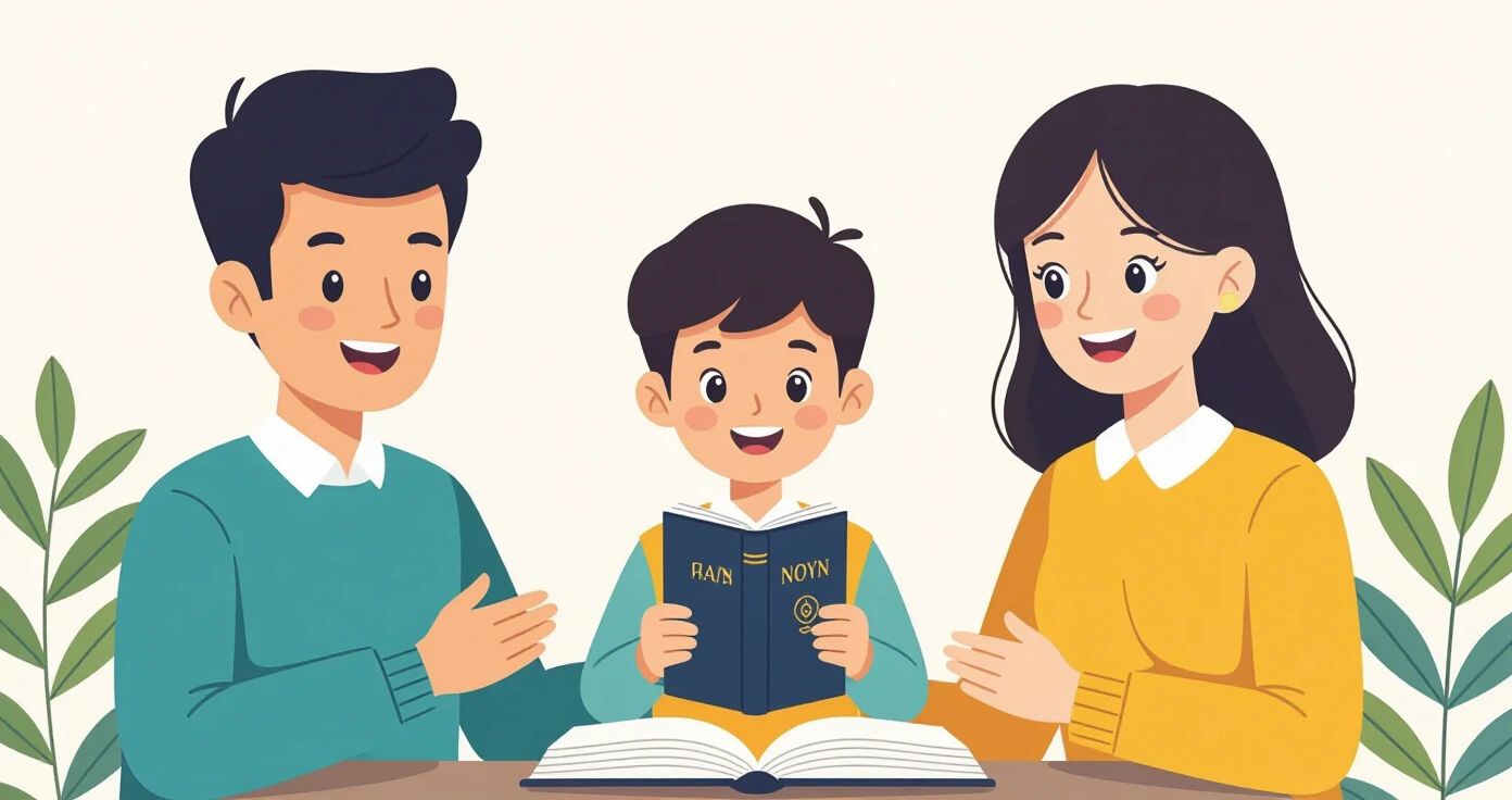 Minh họa phụ huynh đang sắp xếp hồ sơ hộ chiếu vào bì thư chakubarai tại bưu điện Nhật Bản