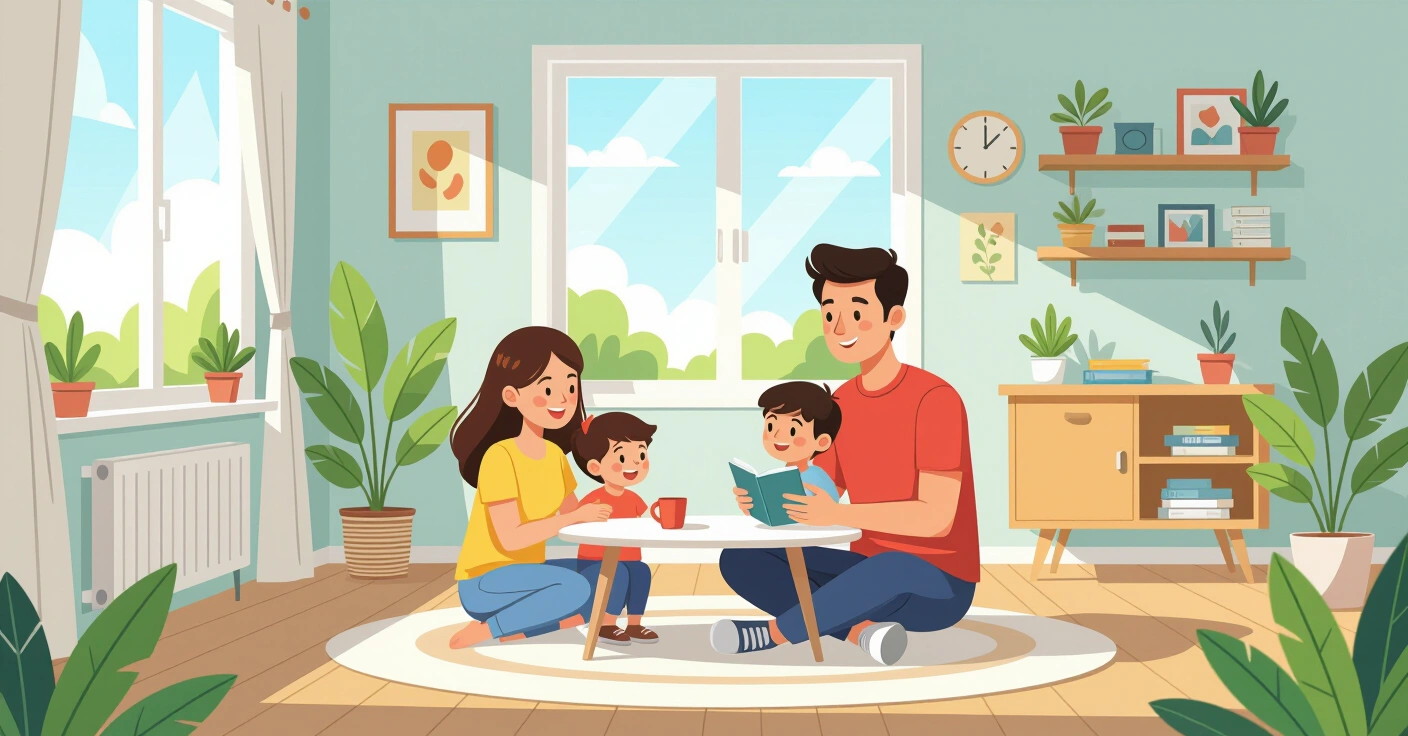 Cha mẹ nước Việt đang gọi điện thoại cấp cứu trong phòng khách hiện đại Nhật Bản, trẻ em nằm trên sofa, bầu không khí lo lắng nhưng bình tĩnh