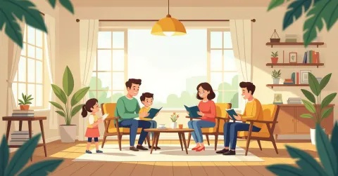 Minh họa phụ huynh nước ngoài tìm hiểu tài liệu về Nenkin và trợ cấp thai sản tại văn phòng chính quyền Nhật Bản
