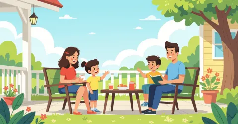 Minh họa trẻ em tự tin ngồi trong căn hộ sáng sủɑ tại Nhật Bản với danh sách liên lạc khẩn cấp trên bàn, phong cách vector phẳng hiện đại