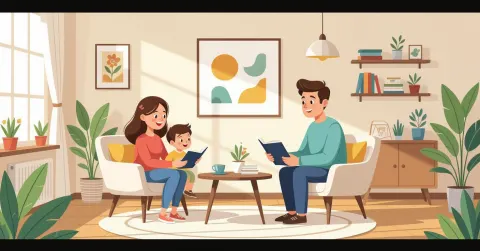 Minh họa chuyên gia trị liệu đang hỗ trợ trẻ em có nhu cầu đặc biệt tập luyện vận động trong phòng phục hồi chức năng sáng sủha