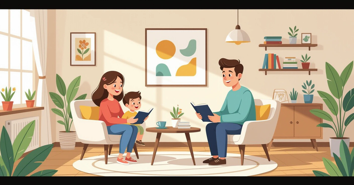 Minh họa chuyên gia trị liệu đang hỗ trợ trẻ em có nhu cầu đặc biệt tập luyện vận động trong phòng phục hồi chức năng sáng sủha