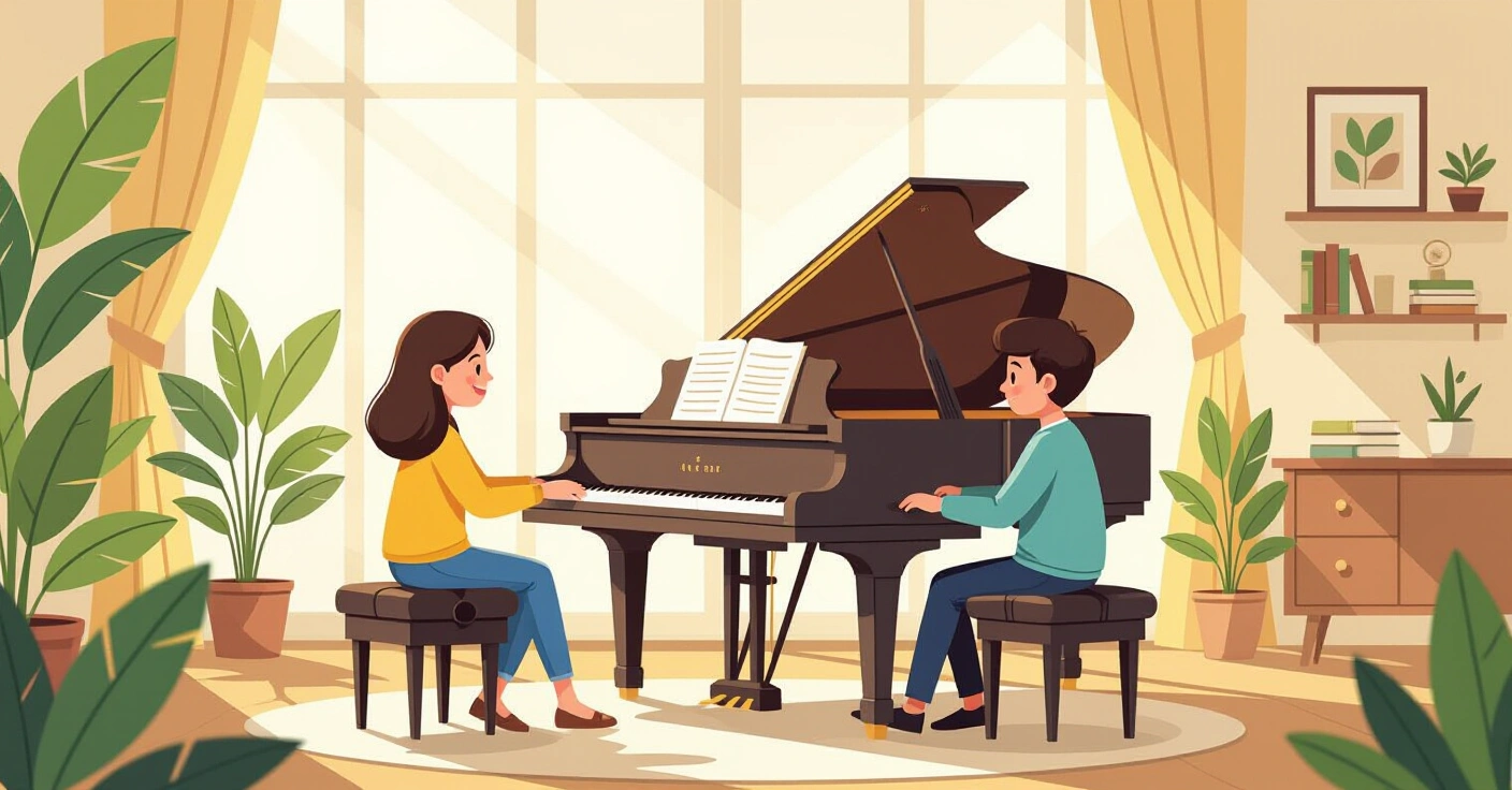 Bé gái vui vẻ chơi piano trong phòng khách sáng sủ của gia đình tại Nhật Bản
