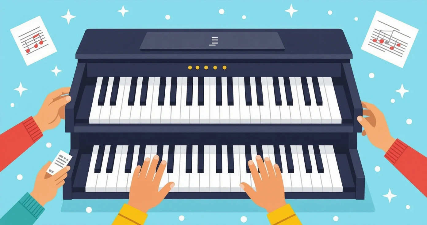 Phụ huynh đang động viên con luyện piano tại nhà trong không gian ấm cúng
