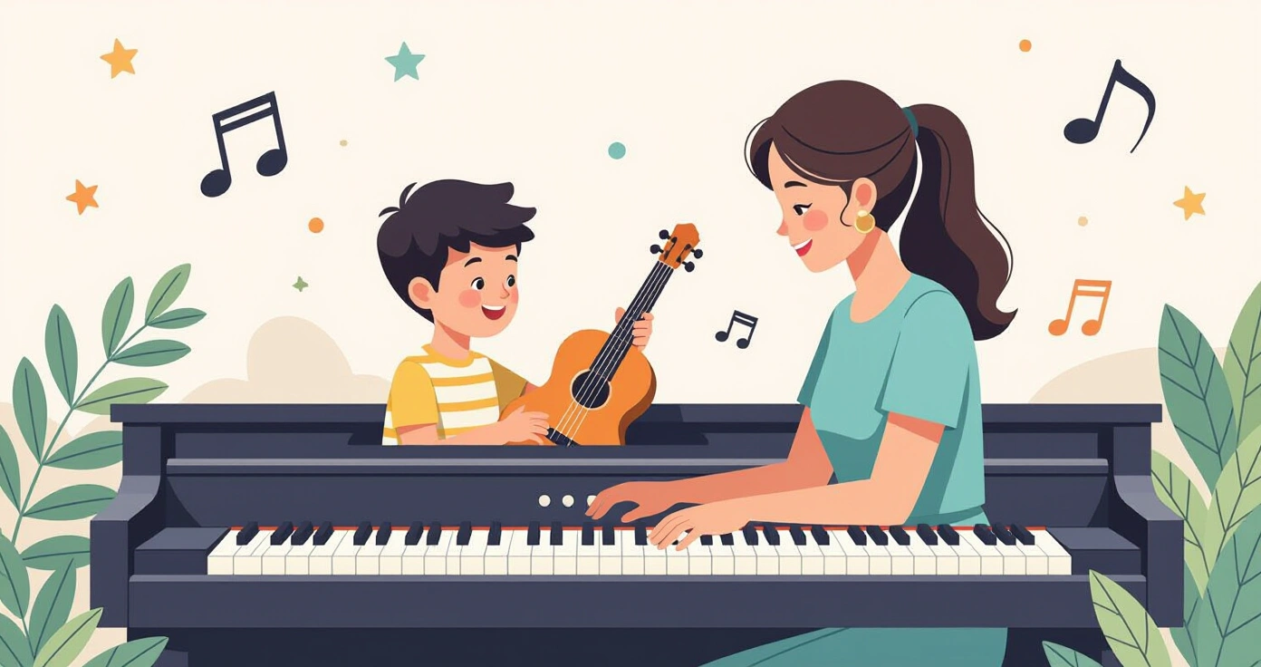 Các nhạc cụ dành cho trẻ em như piano, violin, guitar và trống được trình bày trong phong cách minh họa hiện đại