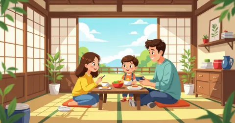 Minh họa mẹ chuẩn bị hộp cơm bento đầy màu sắc cho trẻ biếng ăn trong căn bếp Nhật Bản sáng sủ
