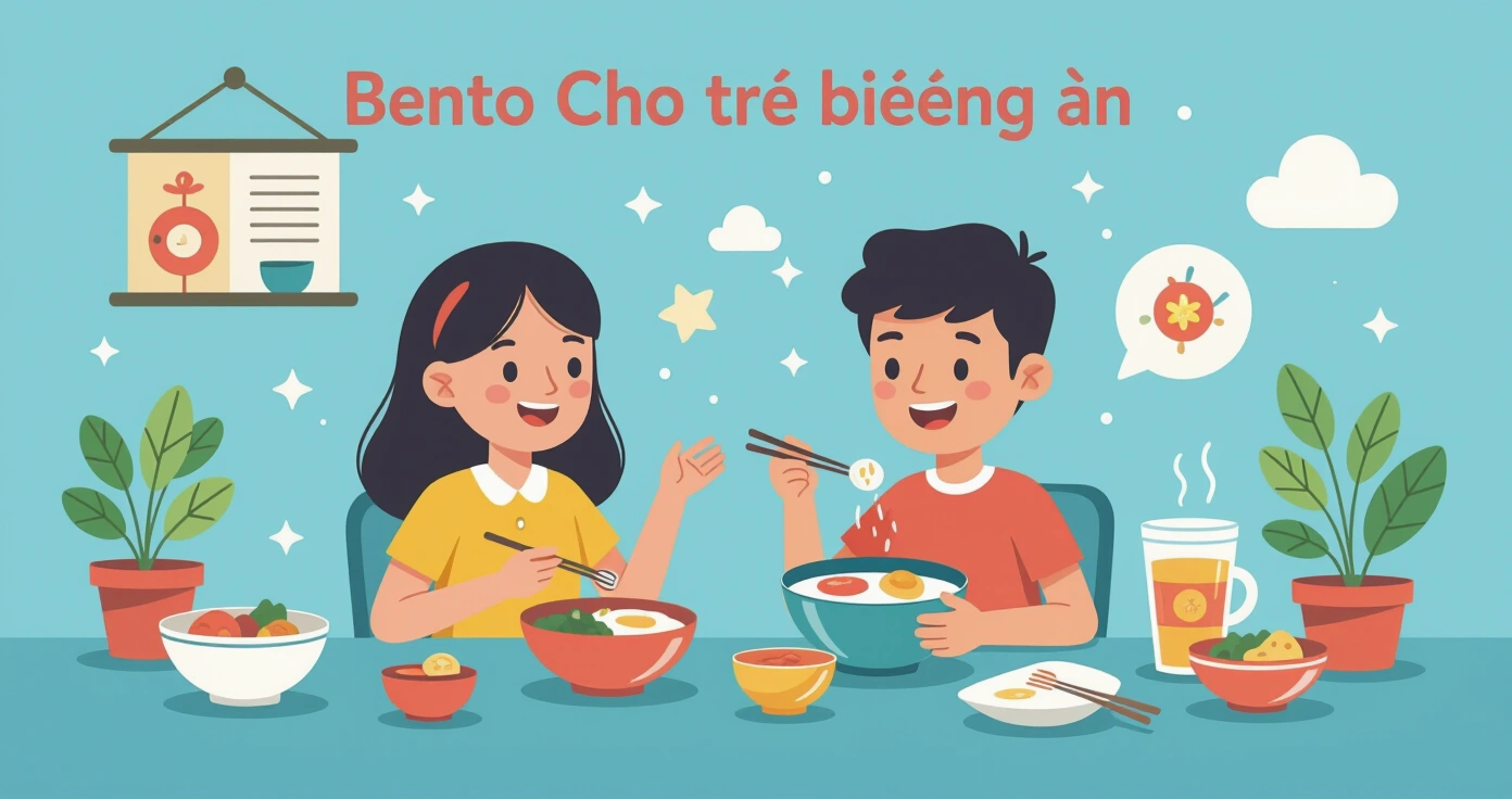 Hộp cơm bento với các ngăn chia đầy màu sắc, gồm cơm, protein và rau củ