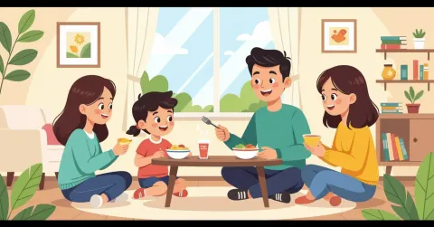 Mẹ Việt và bé đang thưởng thức bữa trưa đầy màu sắc trong căn hộ sáng tại Nhật Bản