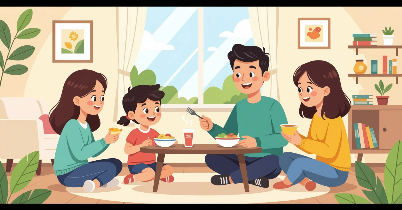 Gia đình đa văn hóa chuẩn bị hộp cơm chay trong bếp Nhật Bản sáng sủa