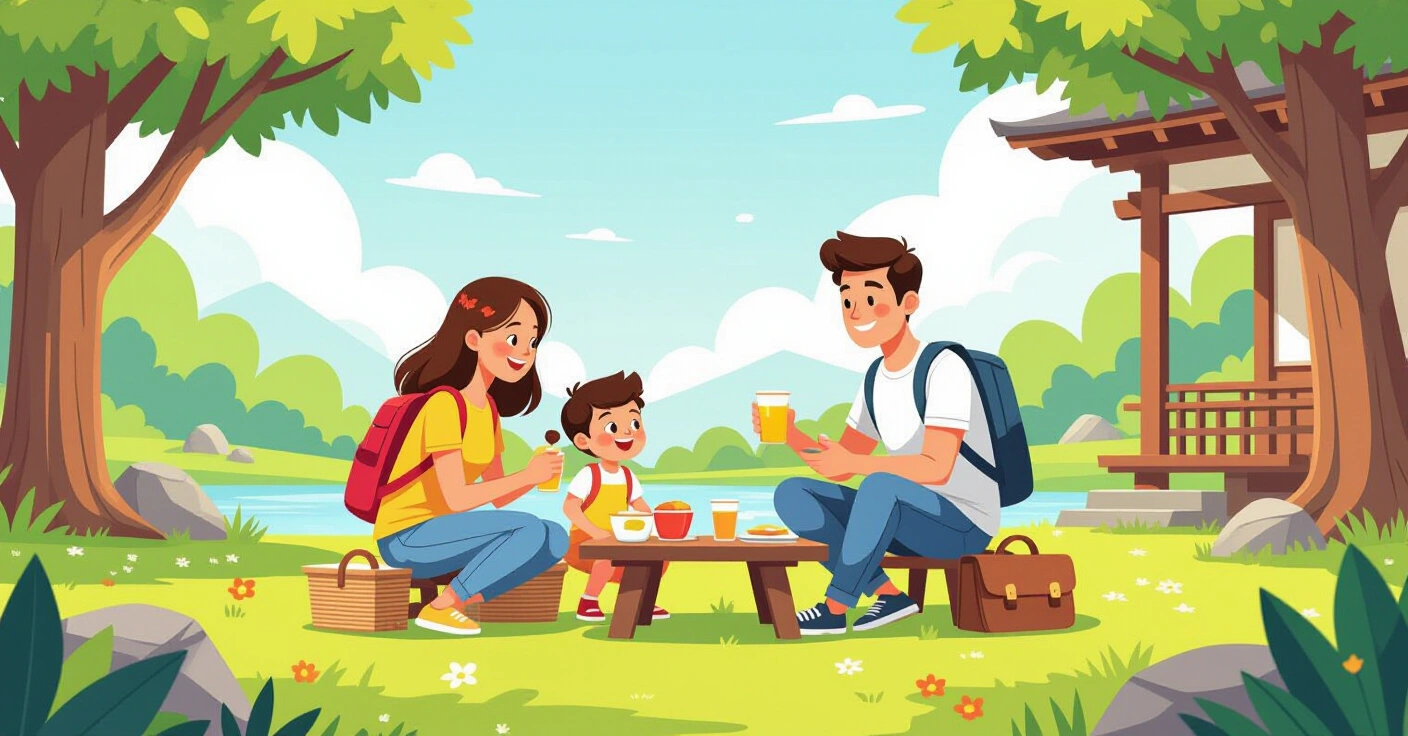 Gia đình đa văn hóa thưởng thức bento dã ngoại dưới tán hoa anh đào Nhật Bản
