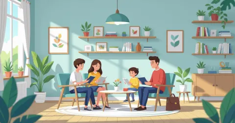 Gia đình đa văn hóa đọc tài liệu chính sách trong phòng khách sáng sủ tại Nhật Bản