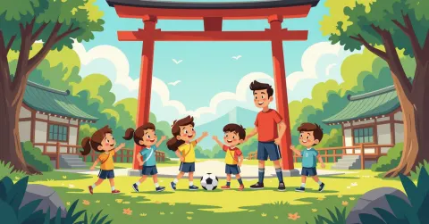 Trẻ em đa văn hóa tham gia các môn thể thao trong nhà thi đấu trường học Nhật Bản, bao gồm bơi lội, bóng đá và thể dục
