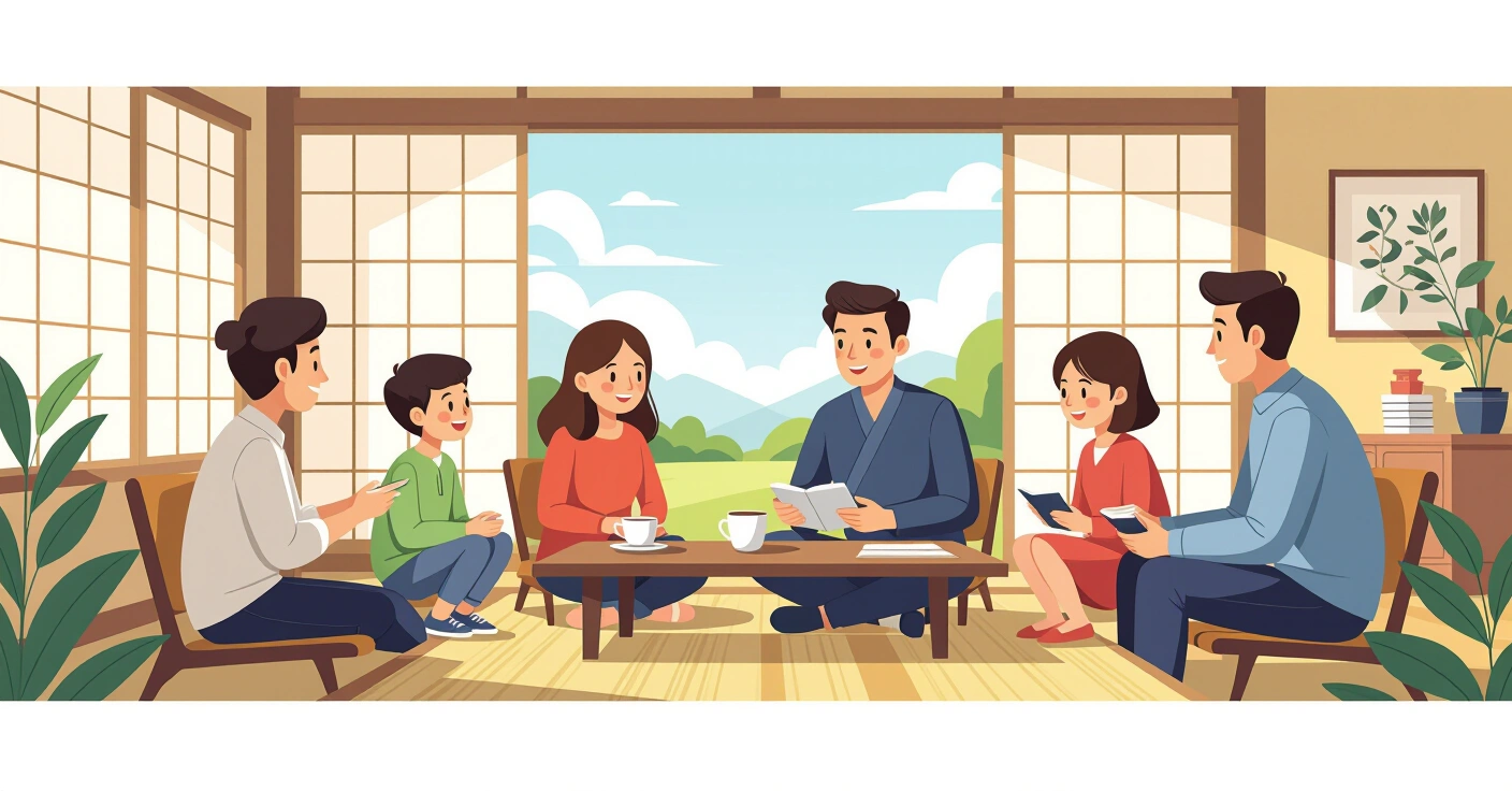 Minh họa trẻ em Nhật Bản đang cho tiền vào ống heo tiết kiệm với cha mẹ