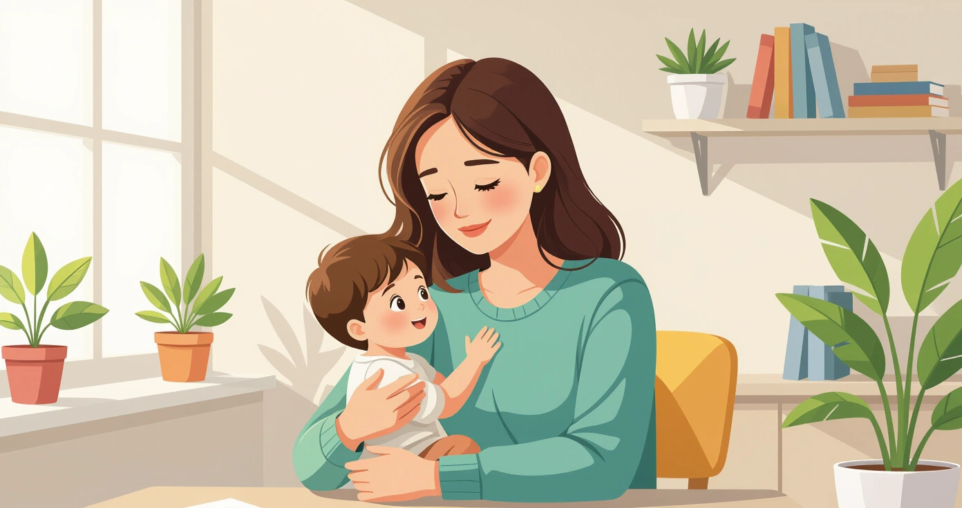 Mẹ trẻ ngồi một mình trong căn hộ Nhật với đồ chơi trẻ em xung quanh, ánh sáng từ cửa sổ, phong cách minh họa vector hiện đại