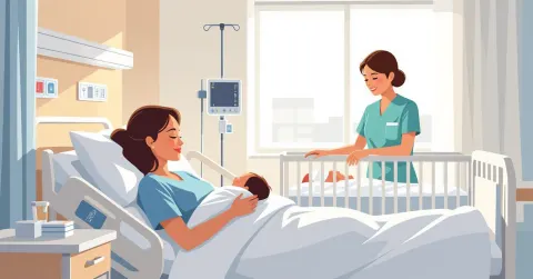 Mẹ và bé sơ sinh trong phòng bệnh viện hiện đại tại Nhật Bản
