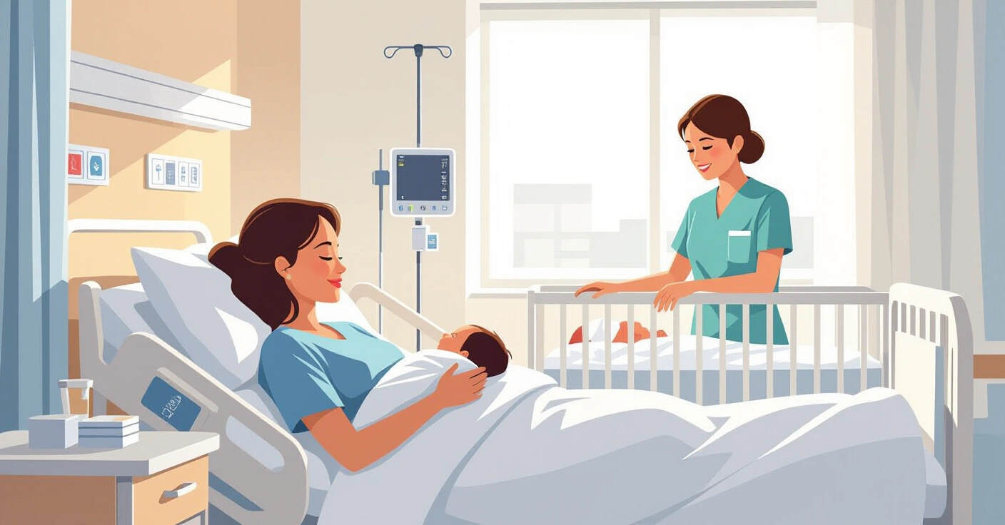 Mẹ và bé sơ sinh trong phòng bệnh viện hiện đại tại Nhật Bản
