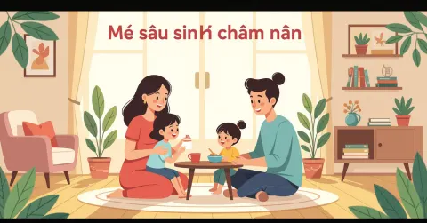 Bà mẹ Việt Nam nghỉ ngơi trong căn hộ hiện đại tại Nhật Bản, em bé sơ sinh đang ngủ bên cạnh