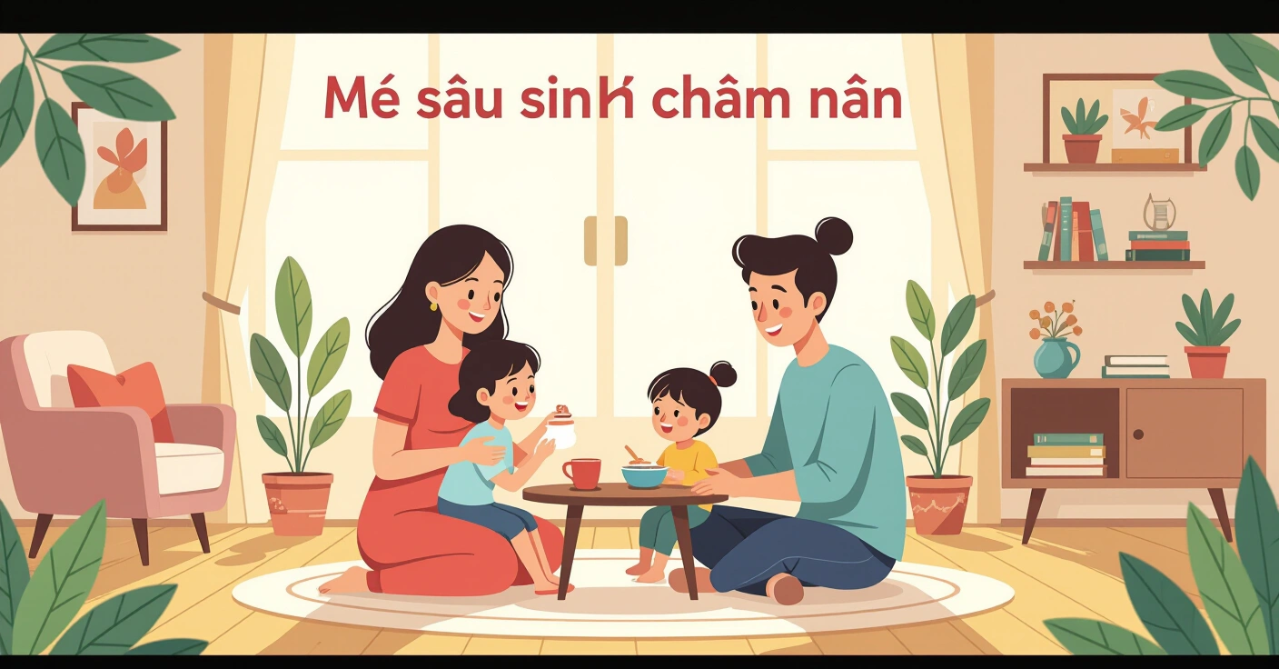 Bà mẹ Việt Nam nghỉ ngơi trong căn hộ hiện đại tại Nhật Bản, em bé sơ sinh đang ngủ bên cạnh