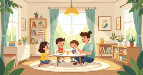 Phụ huynh hướng dẫn trẻ thực hành đổ nước trong bếp Nhật theo phương pháp Montessori