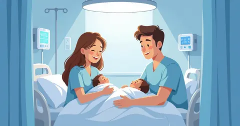 Cha mẹ nước ngoài nhìn vào lồng ấp trong phòng NICU hiện đại tại Nhật Bản