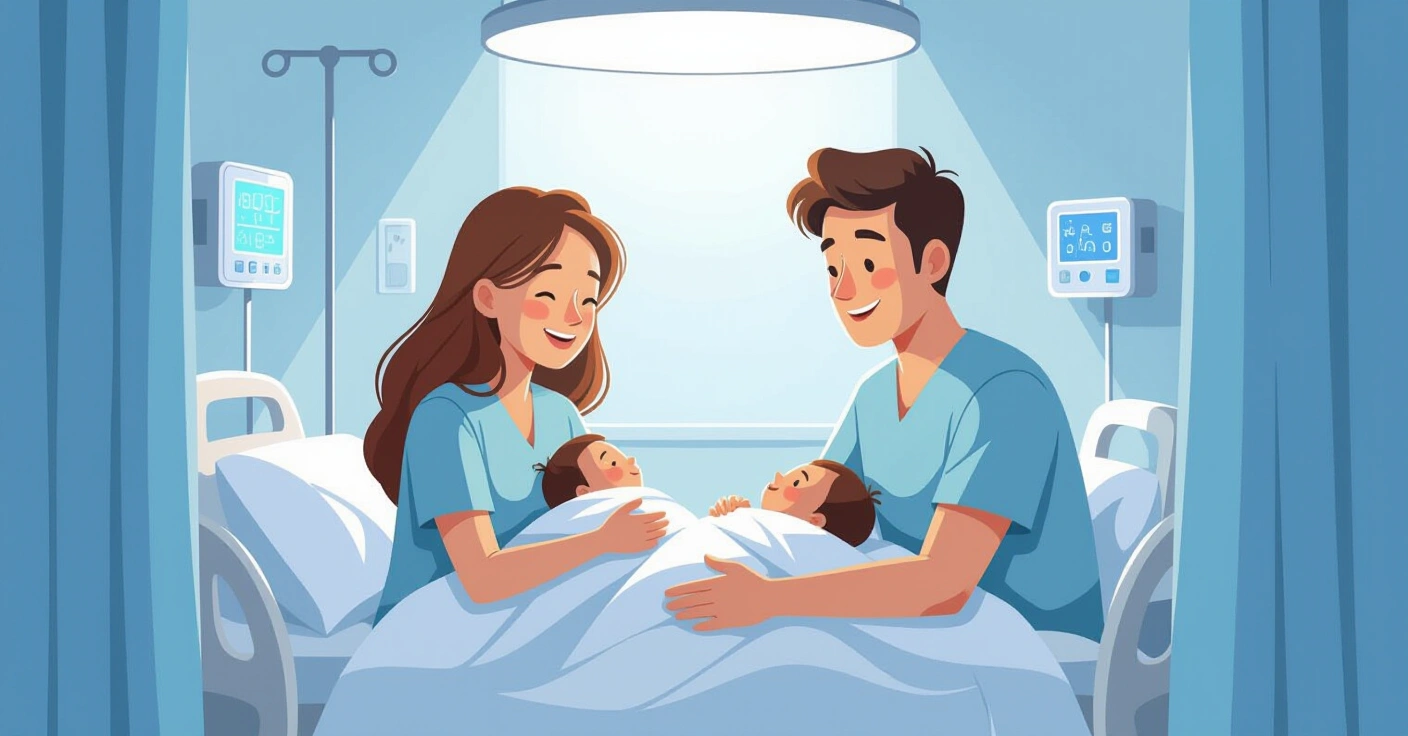 Cha mẹ nước ngoài nhìn vào lồng ấp trong phòng NICU hiện đại tại Nhật Bản