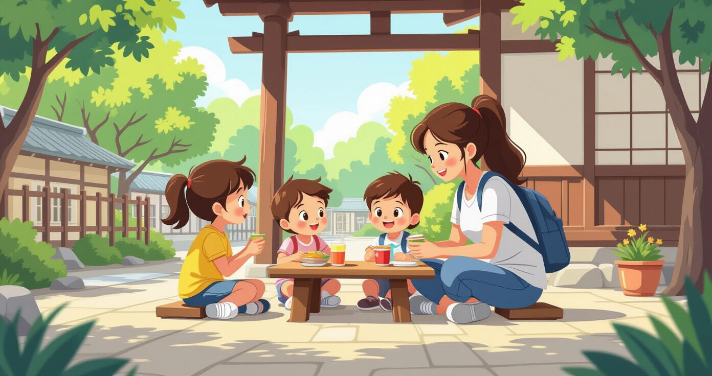 Phụ huynh và trẻ em trò chuyện vui vẻ chuẩn bị cho ngày đầu tiên đi yochien