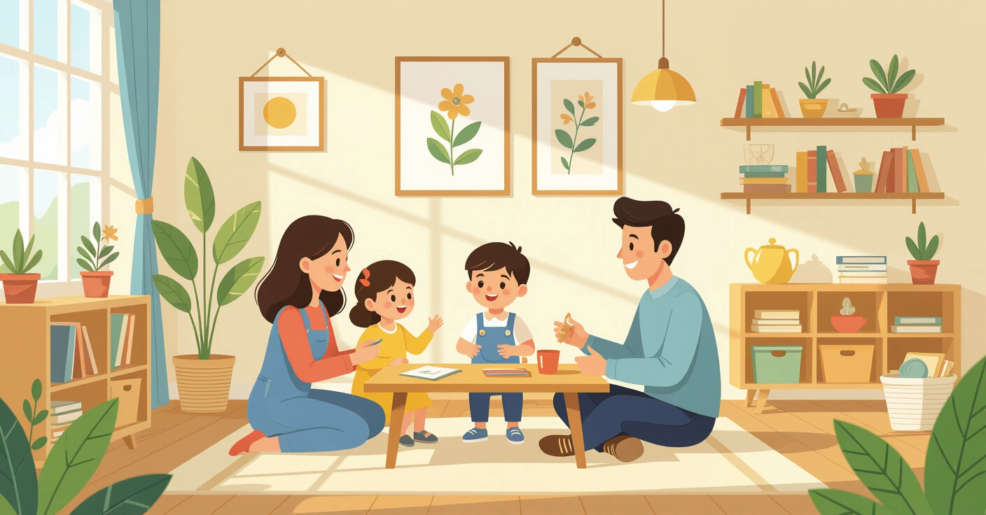 Phụ huynh và trẻ em sắp xếp thanh số Montessori trên chiếu tatami trong phòng sáng