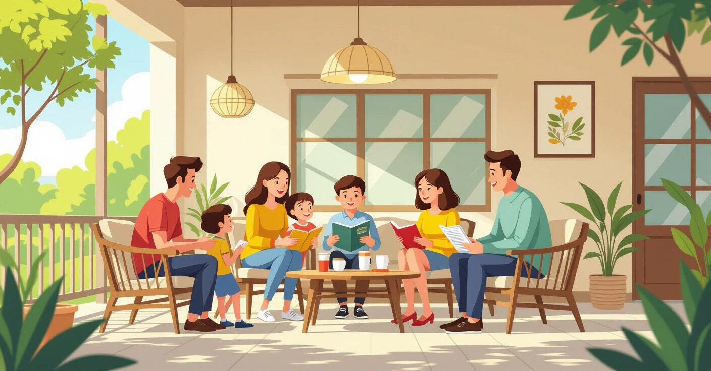 Phụ huynh đa quốc gia tham gia hoạt động trường học tại Nhật Bản, phong cách minh họa editorial hiện đại
