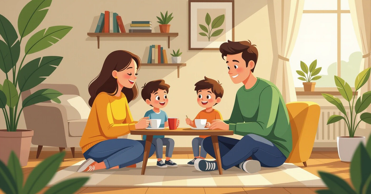 Minh họa gia đình đa văn hóa cùng con nhỏ trong căn nhà hiện đại tại Nhật Bản
