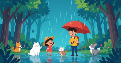Gia đình đa văn hóa nhìn ra mưa từ căn hộ Nhật Bản hiện đại