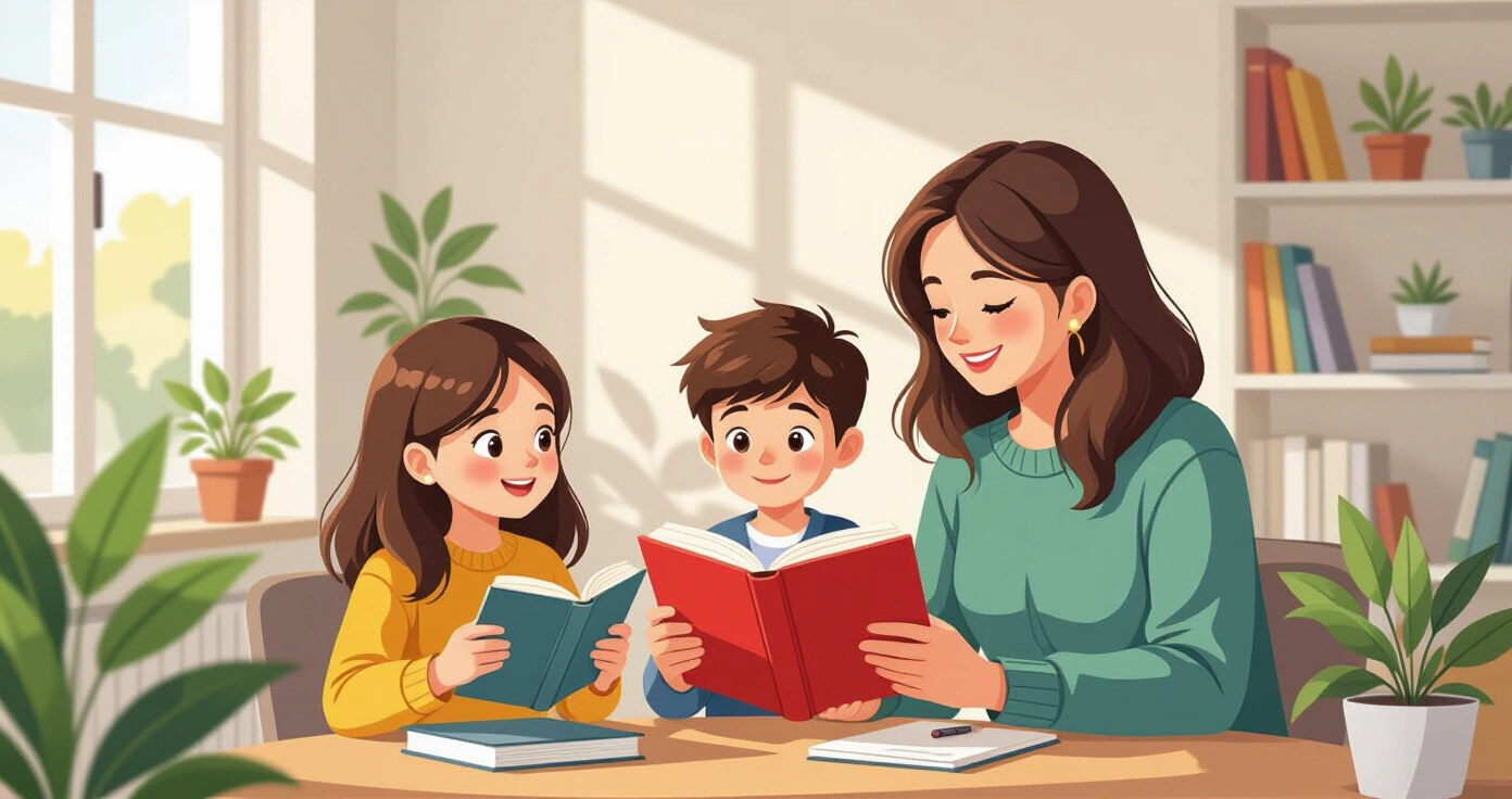 Trẻ em châu Á đọc sách tranh trong thư viện sáng sủaa