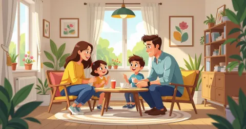 Minh họa nàng dâu Việt và mẹ chồng Nhật trò chuyện thân mật trong phòng khách sáng sủậ với tatami và shoji