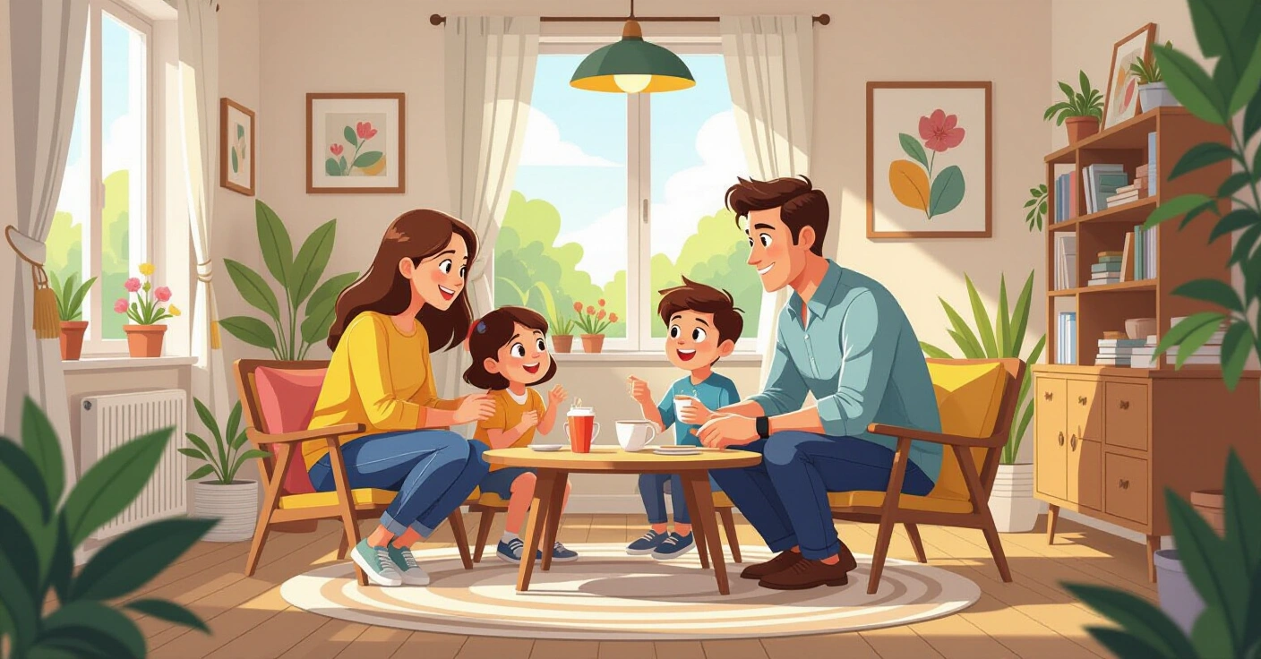 Minh họa nàng dâu Việt và mẹ chồng Nhật trò chuyện thân mật trong phòng khách sáng sủậ với tatami và shoji