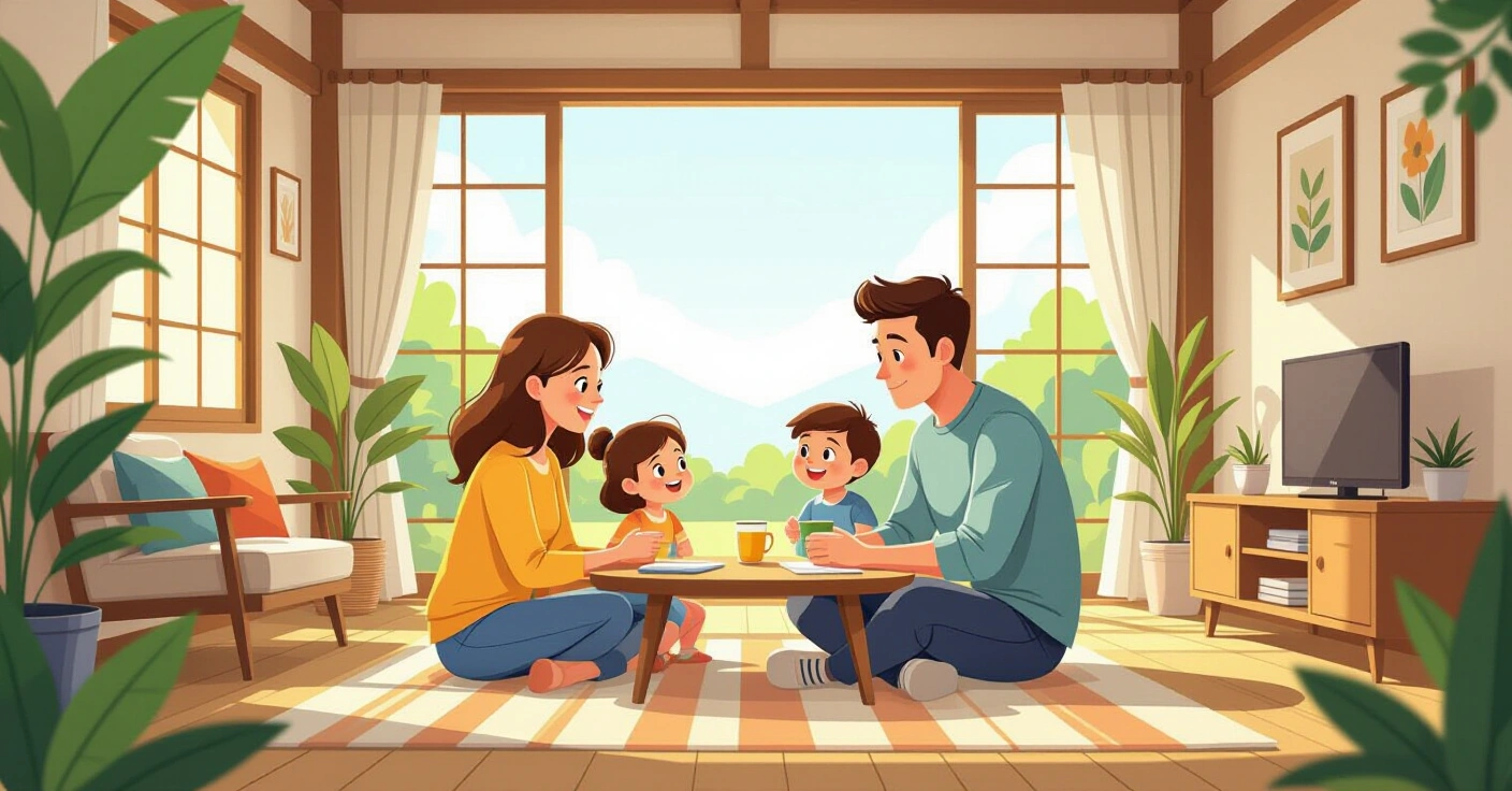 Gia đình đa văn hóa với trẻ nhỏ trong ngôi nhà hiện đại tại Nhật Bản