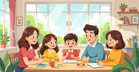 Minh họa cha mẹ nước ngoài và con nhỏ chuẩn bị đồ dùng học tập Nhật Bản trong phong cách flat vector hiện đại