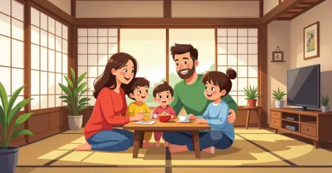 Gia đình đa văn hóa cùng trẻ nhỏ chơi board game trên tatami trong phòng khách sáng sủá