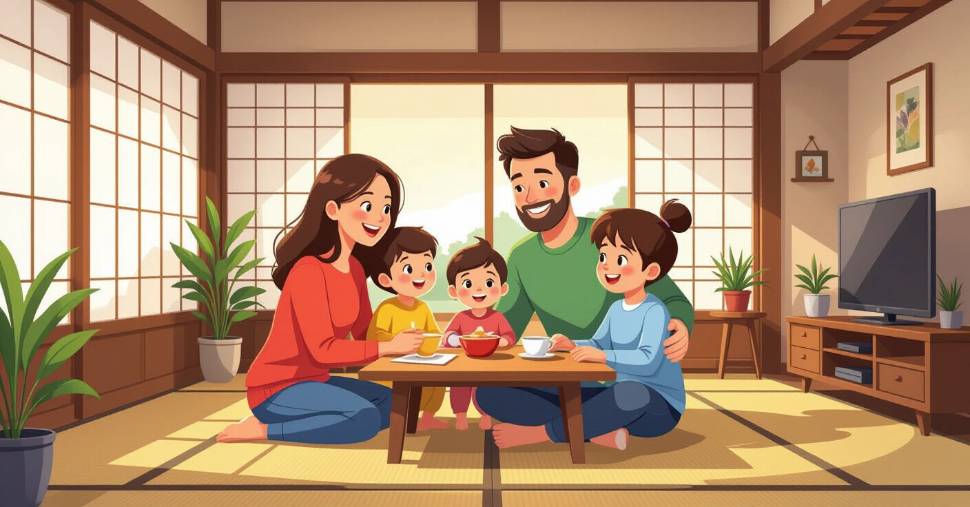 Gia đình đa văn hóa cùng trẻ nhỏ chơi board game trên tatami trong phòng khách sáng sủá