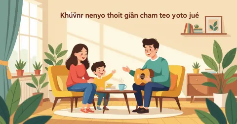 Minh họa gia đình đa văn hóa thiết lập giới hạn thởi gian màn hình cùng con trong ngôi nhà hiện đại tại Nhật Bản