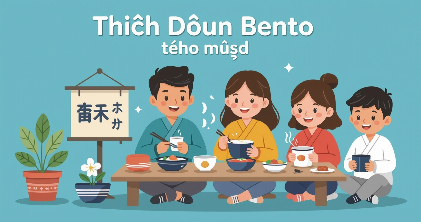 Hộp cơm bento mùa xuân với cá hồi, tamagoyaki và măng tre tươi
