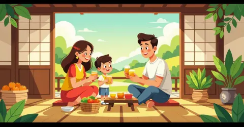 Mẹ đang cho bé ăn dặm tại bàn ăn Nhật Bản với bát cháo loãng và rau củ tươi
