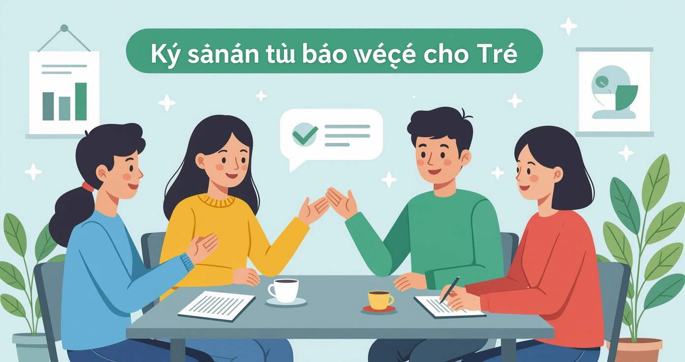 Bảng kỹ năng tự bảo vệ theo độ tuổi được trình bày trên bàn trong phòng khách gia đình