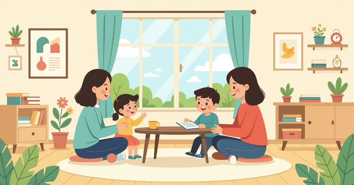 Gia đình đa văn hóa trong căn hộ Nhật Bản hiện đại, cha mẹ hướng dẫn con nhỏ chơi khối gỗ Montessori thay vì dùng điện thoại
