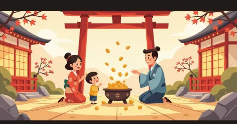 Gia đình đa văn hóa với trẻ nhỏ mặc yukata nhảy múa Bon Odori quanh sân khấu yagura trong lễ hội Obon mùa hè Nhật Bản