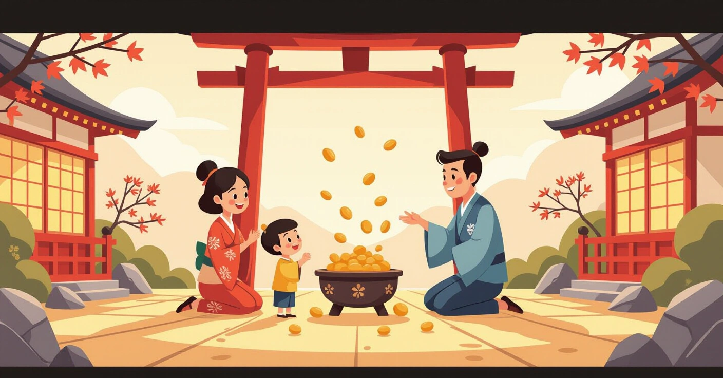 Gia đình đa văn hóa vui vẻ tổ chức lễ ném đậu Setsubun trong ngôi nhà Nhật truyền thống với mặt nạ quỷ Oni dễ thương