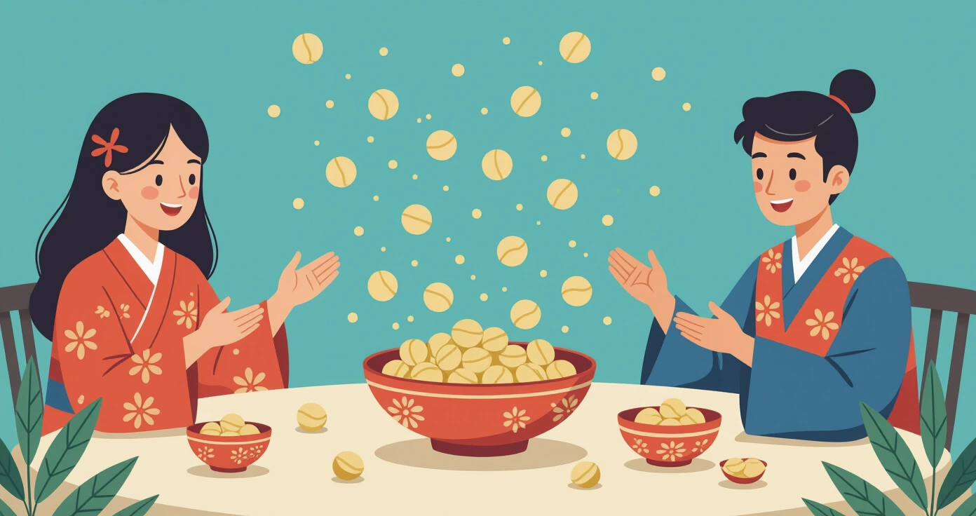 Phụ huynh ngồi giải thích về lễ Setsubun cho con bằng sách tranh trên nền tatami ấm cúng