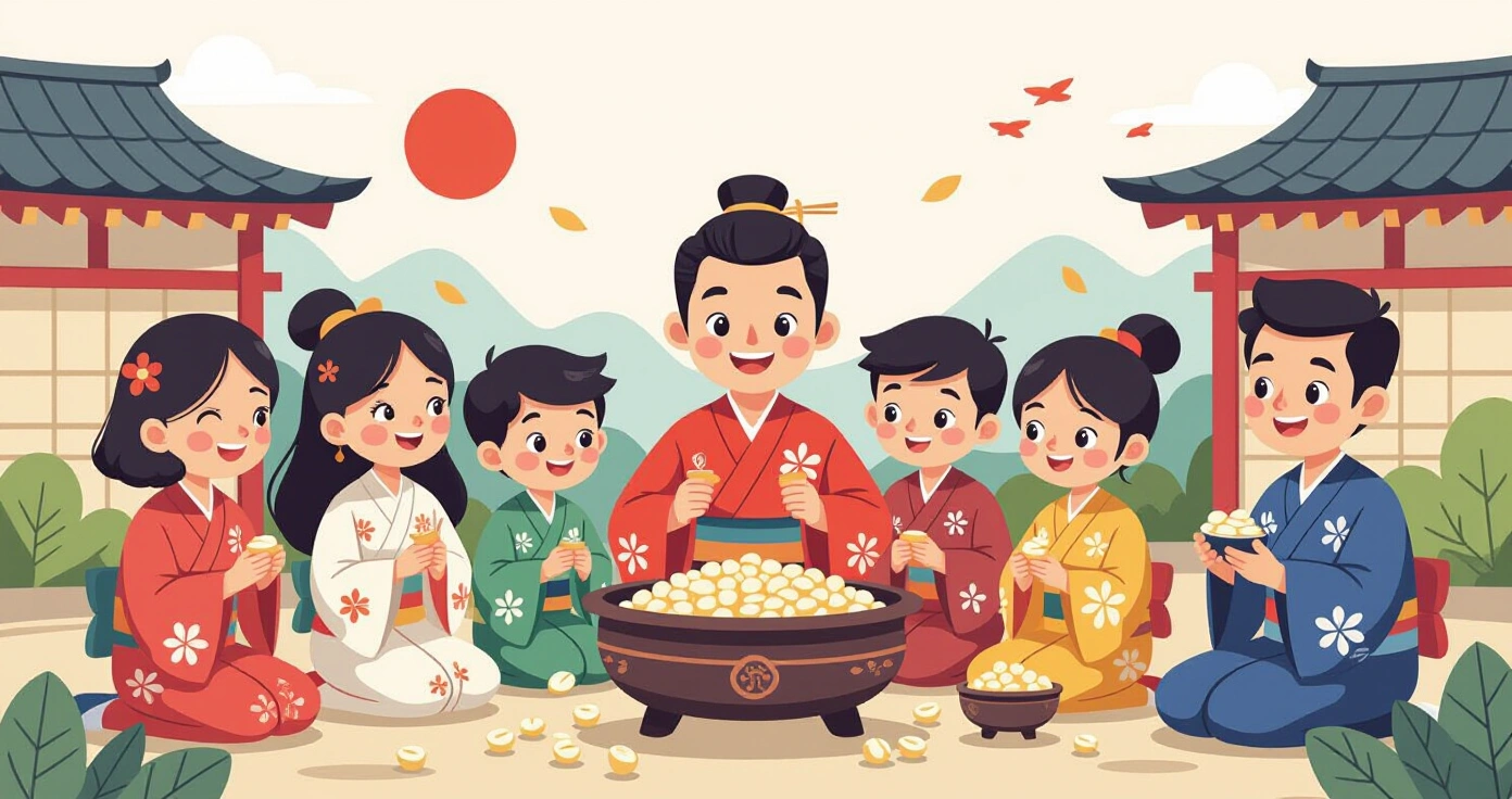 Bàn tay trẻ em đang cầm hạt đậu nành rang trong bát gỗ nhỏ trên nền tatami