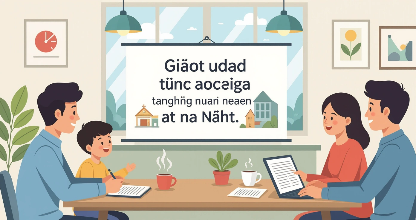 Minh họa phong cách editorial flat: cha mẹ nước ngoài đang trò chuyện với con về cơ thể trong phòng khách Nhật Bản hiện đại, ấm cúng