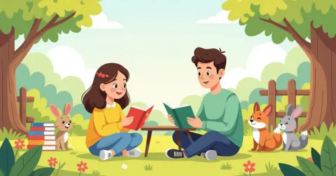 Phụ huynh và trẻ em đang đọc sách về giáo dục giới tính trong phòng khách Nhật Bản